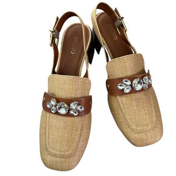 Arezzo Emory Crystal Slingback Pumps Tan Raffia Brown Leather Heels Size 11 - Picture 2 of 16